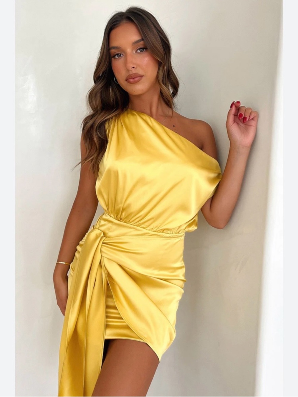 Draped One-Shoulder Satin Mini Dress in Yellow